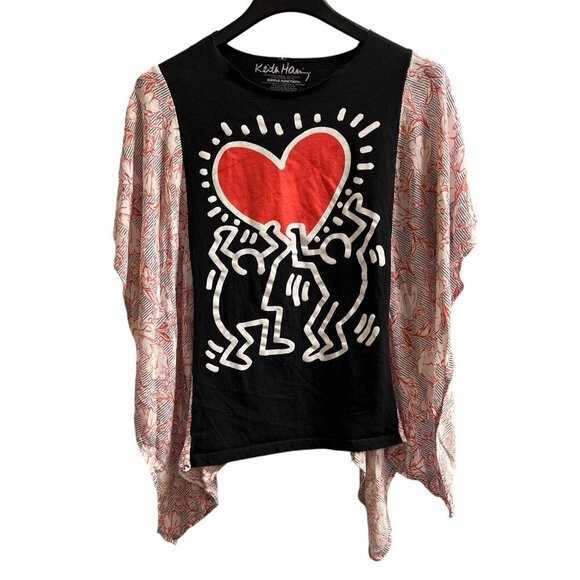 Ripple Junction X Keith Haring Top Women S DYI Added Floral Sleeves Flowy Casual - Picture 1 of 7